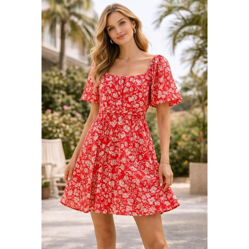 Red Floral Mini Dress Women US 8 Puff Sleeve Square Neck Summer